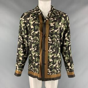 FENDI Size M Green Brown Abstract Silk Button Up Long Sleeve Shirt